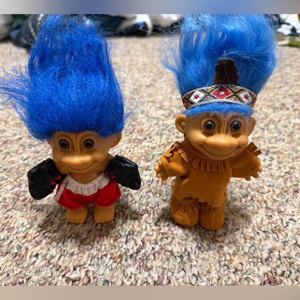 Vintage 5" Russ Troll Dolls with Blue Hair Indian boxer thanksgiving